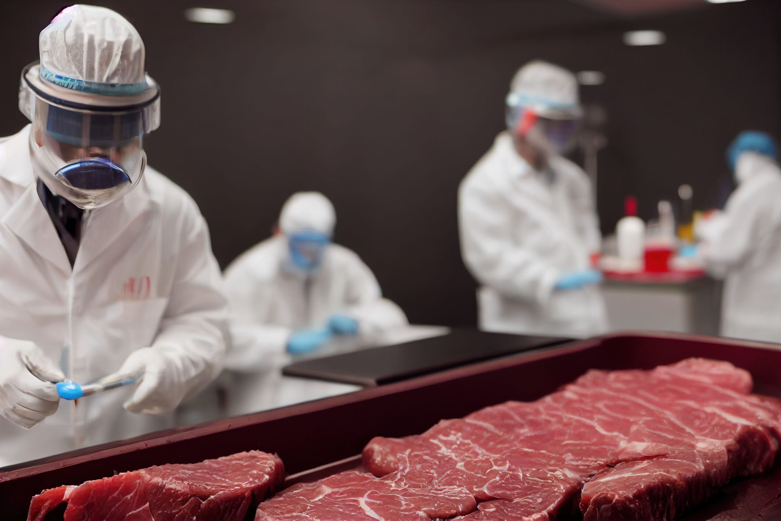 Cultivated cell-based meat grown in lab with scientists working in the background